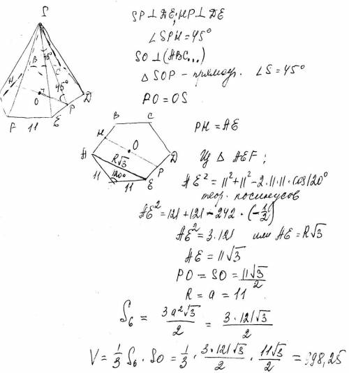 Решить! заранее ! 1.сторона основания правильной шестиугольной пирамиды равна 11, а угол между боков