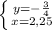 \left \{ {{y=- \frac{3}{4} } \atop {x=2,25 }} \right.