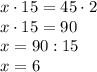 x\cdot15=45\cdot2\\x\cdot15=90\\x=90:15\\x=6