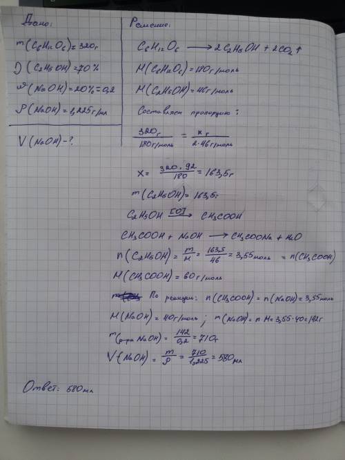Глюкоза массой 320 г была подвергнута спиртовому брожению с выходом продукта 70%. образовавшийся спи