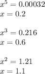 x^{5}=0.00032 \\ x=0.2 \\ \\ x^{3}=0.216 \\ x= 0.6 \\ \\ x^{2} =1.21 \\ x=1.1