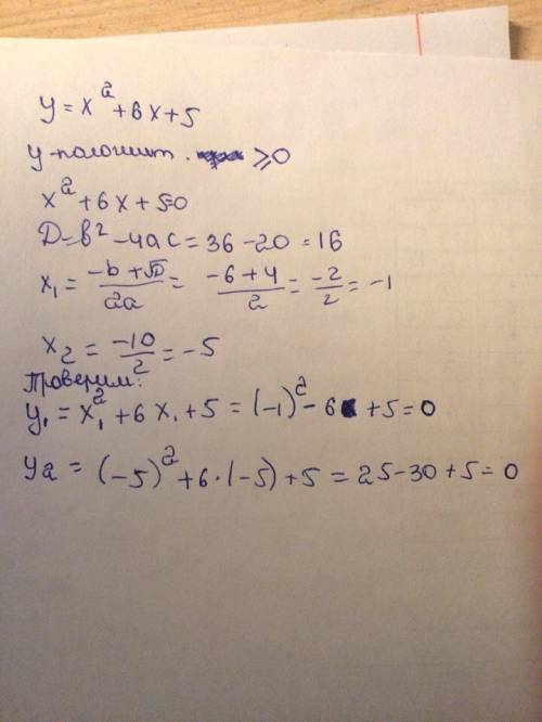 Значения аргумента при которых значения функции положительны (y=x^2+6x+5)