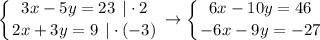 \displaystyle \left \{ {{3x-5y=23 \: \: |\cdot2} \atop {2x+3y=9 \: \: |\cdot(-3)}} \right. \to \left \{ {{6x-10y=46} \atop {-6x-9y=-27}} \right.