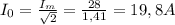 I_{0} = \frac{ I_{m} }{ \sqrt{2} } = \frac{28}{1,41} =19,8A