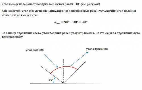 Луч света падает на плоское зеркало под углом φ=40⁰ к его поверхности. определите и изобразите угол