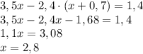 3,5x-2,4\cdot(x+0,7)=1,4\\3,5x-2,4x-1,68=1,4\\1,1x=3,08\\x=2,8