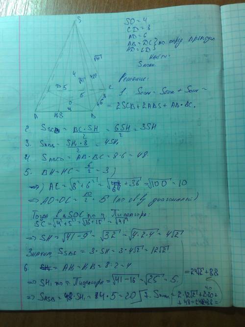 Дано: sabcd- пирамида.abcd- прямоугольник.so-высота пирамиды.so= 4,сd=8,ad=6.найти: площадь полной п