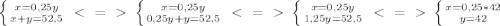 \left \{{{x=0,25y} \atop {x+y=52,5}} \right.\ \textless \ =\ \textgreater \ \left \{ {{x=0,25y}\atop {0,25y+y=52,5}}\right. &#10; \ \textless \ =\ \textgreater \ \left \{ {{x=0,25y} \atop {1,25y=52,5}} \right. &#10;\ \textless \ =\ \textgreater \ \left \{ {x=0,25*42} \atop {y=42}} \right.