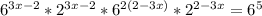 6^{3x-2}*2^{3x-2}*6^{2(2-3x)}*2^{2-3x}=6^5