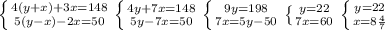 \left \{ {{4(y+x)+3x=148} \atop {5(y-x)-2x=50}} \right.\left \{ {{4y+7x=148} \atop {5y-7x=50}} \right. \right.\left \{ {{9y=198} \atop {7x=5y-50}} \right.\left \{ {{y=22} \atop {7x=60}} \right.\left \{ {{y=22} \atop {x=8 \frac{4}{7} }} \right.