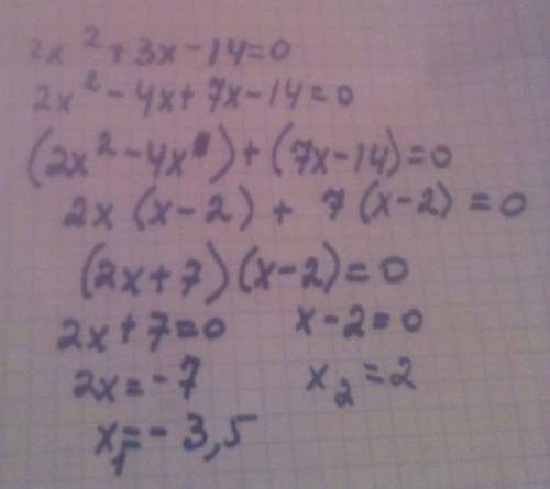 2x²+3x-14=0 решите квадратное уравнение.