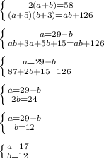 \left \{ {2(a+b)=58} \atop {(a+5)(b+3)=ab+126}} \right. \\ \\ \left \{ {{a=29-b} \atop {ab+3a+5b+15=ab+126}} \right. \\ \\ \left \{ {{a=29-b} \atop {87+2b+15=126}} \right.\\ \\ \left \{ {{a=29-b} \atop {2b=24}} \right.\\ \\ \left \{ {{a=29-b} \atop {b=12}} \right.\\ \\ \left \{ {{a=17} \atop {b=12}} \right.