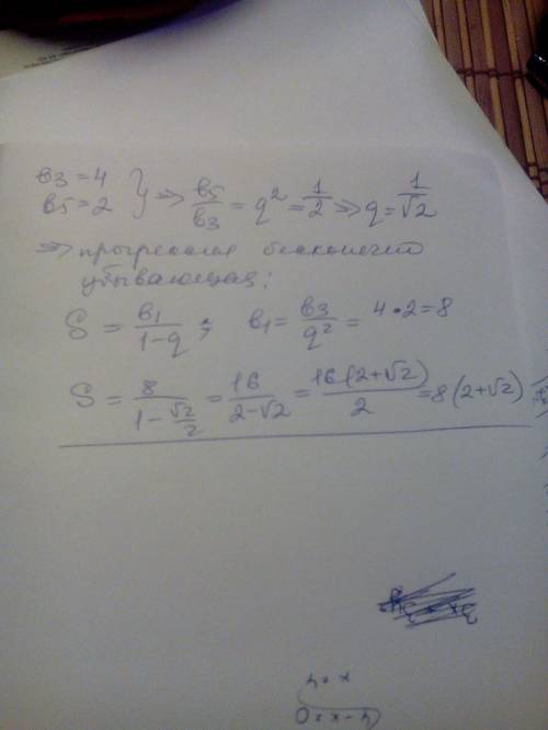 Знайдіть суму нескінченної ї прогресії (bn) якщо b3=4 , b5=2