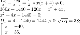 \frac{120}{x} -\frac{120}{x+4 } =\frac{1}{3} |* x(x+4) \neq 0;\\360x+1440 -120x =x^{2} +4x;\\x^{2} +4x-1440=0;\\D{_1} = 4+1440=14440 ; \sqrt{D{_1}} =38;\\\left [ \begin{array}{lcl} {{x=-40,} \\ {x=36.}} \end{array} \right.