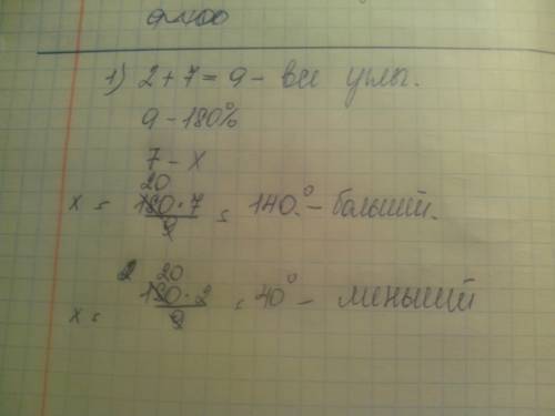Найдите меньший угол равнобедренной трапеции , если два ее угла относятся как 2: 7. ответ дайте в гр