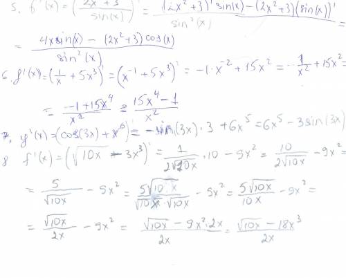 Вычислить производную: 5)b(x)=(2x^2+3)/sinx; 6)f(x)=(-1/x)+5x^3; 7)y(x)=cos3x+x^6; 8)f(x)=корень из