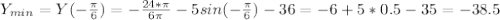 Y_{min}=Y(- \frac{ \pi }{6})=-\frac{24* \pi }{6 \pi}-5sin(-\frac{ \pi }{6})-36=-6+5*0.5-35=-38.5