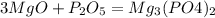 3MgO + P_2O_5=Mg_3(PO4)_2