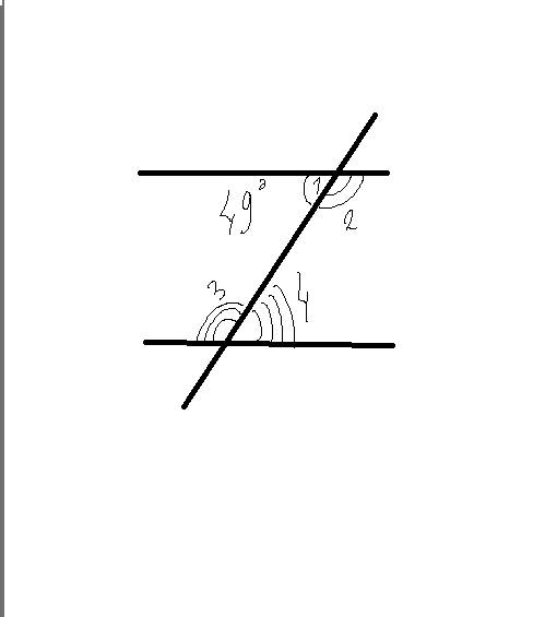 Один из углов,которые получаются при пересечении двух параллельных прямых секущей равен 49 градусов.