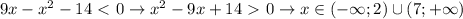 9x-x^2-14\ \textless \ 0\to x^2-9x+14\ \textgreater \ 0\to x\in (-\infty;2)\cup(7;+\infty)