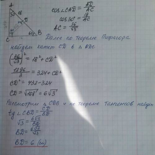 Впрямоугольном треугольнике abc уголc=90, угола=30, проведена высота cd, ad=18 найти bd-?