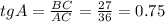 tgA= \frac{BC}{AC}= \frac{27}{36} =0.75