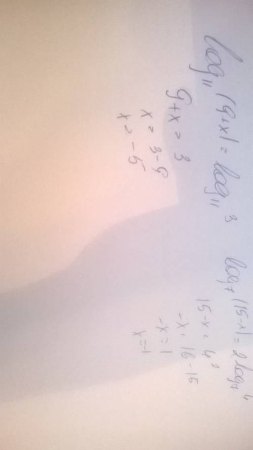 Log11(9+x)=log11^3 log7(15-x)=2log7^4