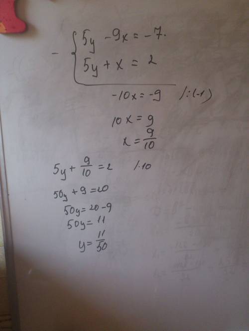 Решить систему: реши методом сложения систему уравнений. 5y−9x=−7 5y+x=2 ответ: