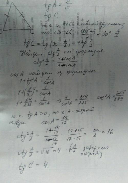 Втреугольнике авс ав=ас tg угла а=8/15 найти tg угла с п.с я знаю,что надо провести высоту,просто ч