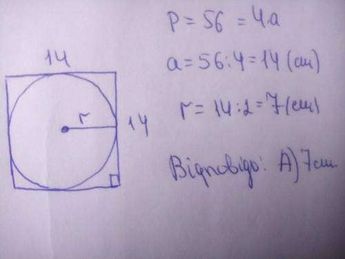 Периметр правильного чотирикутника дорівнює 56 см. обчислити радіус кола, вписаного в цей чотирикутн