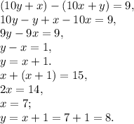 (10y+x)-(10x+y)=9, \\ &#10;10y-y+x-10x=9, \\ &#10;9y-9x=9, \\ &#10;y-x=1, \\ &#10;y=x+1. \\ &#10;x+(x+1)=15, \\ &#10;2x=14 ,\\ &#10;x=7 ;\\ &#10;y=x+1=7+1=8.