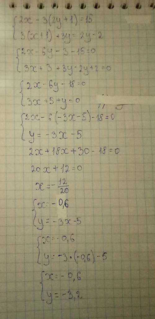 Решите систему уравнений 2x - 3(2y + 1) = 15 3(x + 1 ) + 3y = 2y - 2