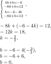 \left \{ {{4k+b=-6} \atop {-8k+b=12}} \right. , \\ \left \{ {{b=-6-4k} \atop {-8k+b=12}} \right. , \\ \\ -8k+(-6-4k)=12, \\ -12k=18, \\ k=- \frac{3}{2}, \\ \\ b=-6-4(- \frac{3}{2}), \\ b=-6+6, \\ b=0.