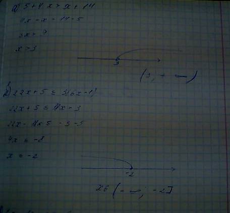 Решите неравенства; a)5+4х> x+14 б)22х+5≤3(6x-1) в)7х-12> 3х+6 г)9х-11≤5(2х-3) решите неравенс