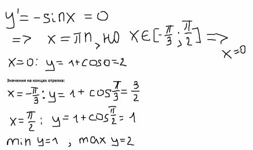 Найдите наименьшее и наибольшее значение функции на отрезке: y=1+cosx [-п/3; п/2] подробно