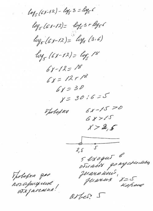 Log_{5} (6x-12) - log_{5} 3 = log_{5} 6 решить уравнение , краткий ответ не принимается , только пол