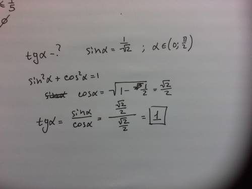 Найдите tgα, если sinα = 1/√2 и α=(0; п/2)