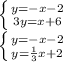 \left \{ {{y=-x-2} \atop {3y=x+6}} \right. \\ &#10; \left \{ {{y=-x-2} \atop {y= \frac{1}{3} x+2}} \right. \\