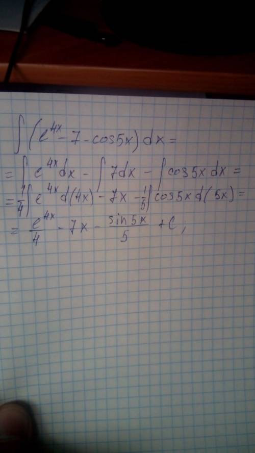 Вычислить первообразную f(x)=e^4x-7-cos5x