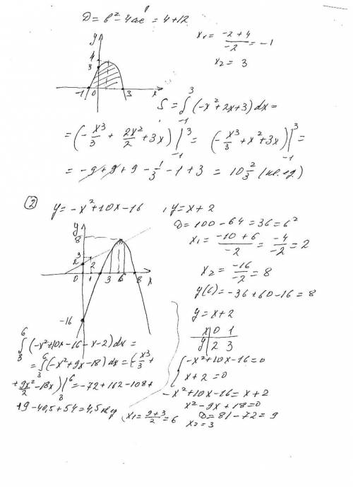 Найдите площади фигур, ограниченных линиями 1)y=-x^2+2x+3 и y=0 2)y=-x^2+10x-16,y=x+2