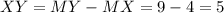 XY=MY-MX=9-4=5