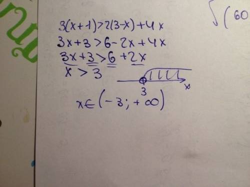 Решите неравенство 3(x+1)> 2(3-x)+4x