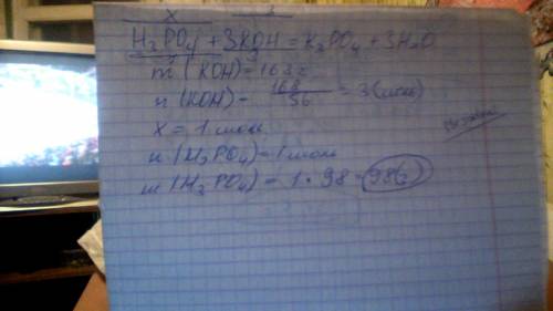 По уравнению реакции h3po4 + 3koh = k3po4 + 3h2o рассчитайте массу фосфорной кислоты, необходимой дл