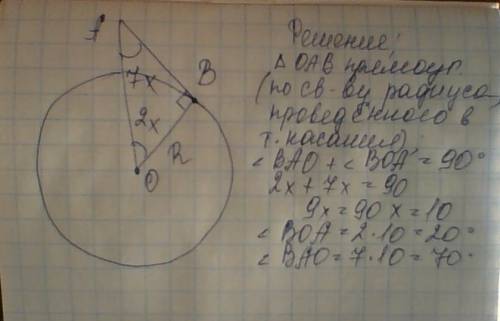 Кокружности с центром o в точке b проведена касательная ab, угол boa : угол bao = 2: 7 . найдите уго