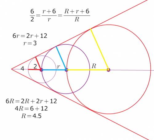 Вугол вписаны три окружности – малая, средняя и большая. большая окружность проходит через центр сре