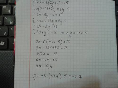 Розв'яжіть систему рівнянь 2x-3(2y+1)=15,3(x+1)+3y=2y-2