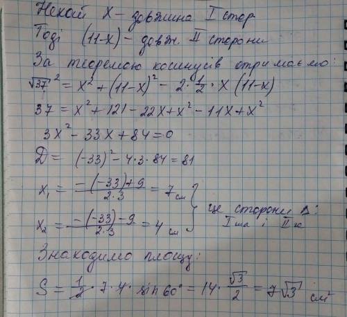 Сума двох сторін трикутника,які утвлрюють кут 60 дорівнює 11 см а третя сторона -√ 37см.ззнайдіть пл