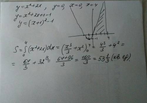 Вычислите площадь фигуры ограниченной линиями y= x^2+2x; y=0: x=0: =4