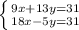 \left \{ {{9x+13y=31} \atop {18x-5y=31}} \right.