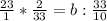 \frac{23}{1} * \frac{2}{33}=b: \frac{33}{10}